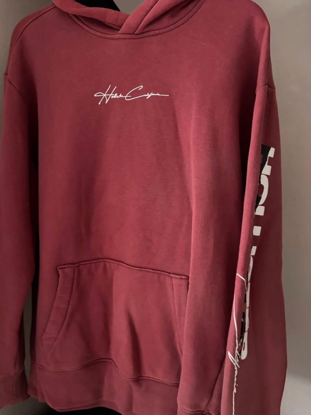 Hollister Burgundy Pullover Hoodie with White Script Logo